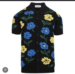 OXKNIT Men's Retro Short Sleeve Black Cardigan With Flowers NEW Size L